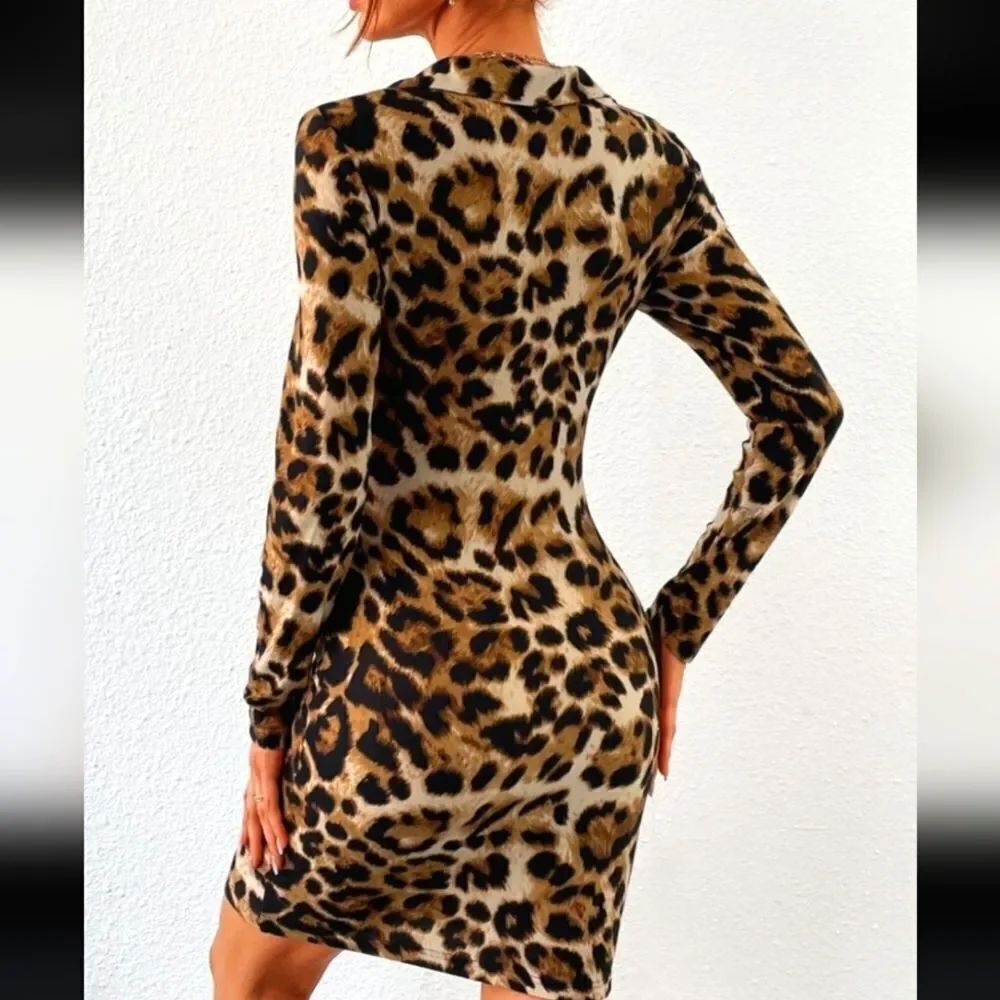JENNIFER LOPEZ V-NECK LONG SLEEVES LEOPARD PRINT WOMEN"S DRESS